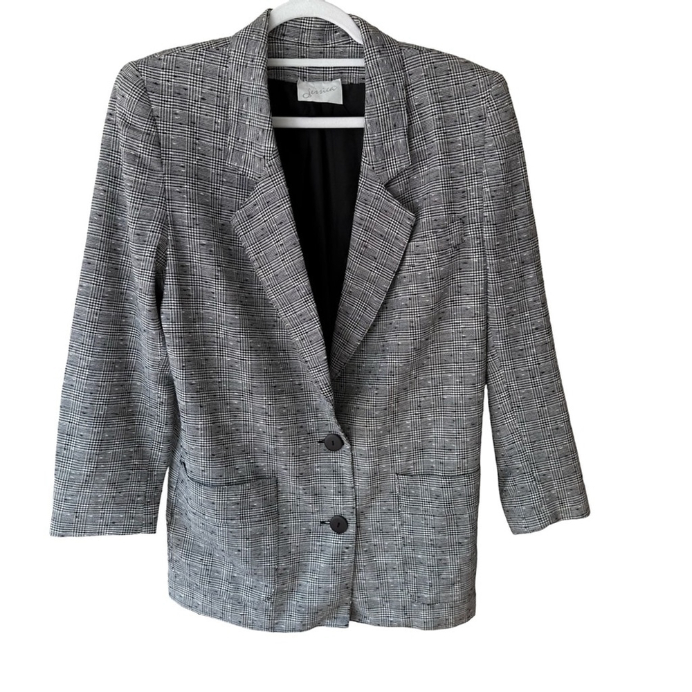 Jessica Vintage Black and White Checkered Plaid Blazer Size 12 Fully Lined - Picture 2 of 15